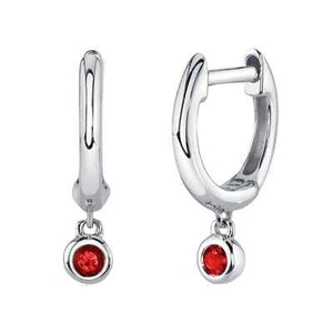 14K White Gold Ruby Huggie Drop Earrings Bezel Set Natural Round Gemstone 0.08CT - Picture 1 of 4