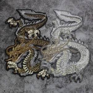 1 Pair Sequin Chinese Gold Dragon Embroidery Appliques Sew on Patches Accessory - Picture 1 of 10