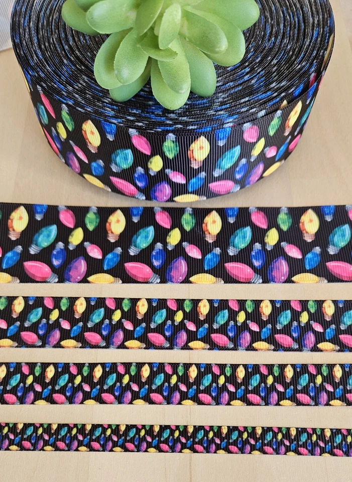 3/8, 5/8 7/8 & 1.5" (1 YD) Christmas Tree Lights Ribbon Christmas Bulbs - Image 1 of 1