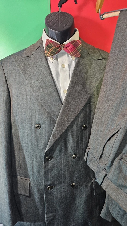 Vtg Warren Sewell Mens Green Pinstripe Dbl-breast Suit Sz 40R, Pants 34x30+ Tie - Image 1 of 4