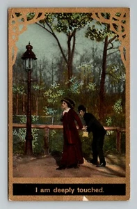 vintage "I am Deeply touched" postcard posted Ben Franklin 1 cent stamp gold - Picture 1 of 2