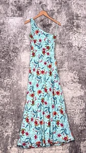 Saloni Dress 0 Womens Justine Midi Delemare Tea Blue Silk Floral One Shoulder - Picture 1 of 7