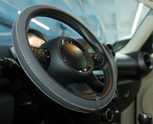 Leather Steering Wheel Cover - Dark Grey & White Trim Italian ARTISAN - Picture 1 of 5