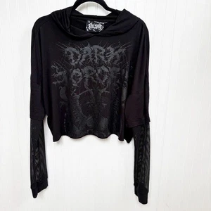 Killstar Dark Forces Black on Black Mesh Sleeves Cropped Hooded Tee Size XXL - Bild 1 von 6