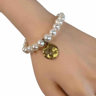 Freshwater Pearls Hammered Brass V Monogram Charm Stretch Bracelet - Image 1 of 4