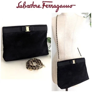 Salvatore Ferragamo Vara 2-Way Suede Leather Chain Shoulder/Crossbody Bag Black - Picture 1 of 8