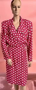 Vintage 80’s Raspberry & White Polkadot Dress By Monica Heart Rayon Sz Large - Picture 1 of 14