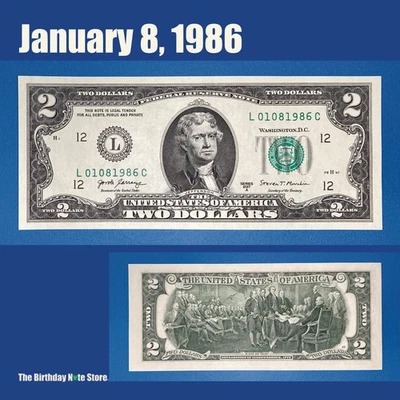 January 8, 1986 Birthday Anniversary $2 Two Dollar Bill Serial Number 01081986 - Image 1 of 2