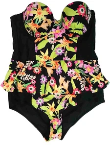 Damen Tropical Floral Hibiskus Blume Trägerlos Einteiler Badeanzug X-Large - Bild 1 von 1
