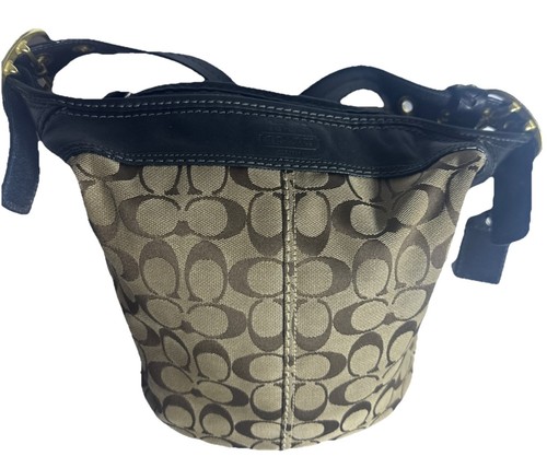 Borsa hobo vintage Coach firmata jacquard Bleeker nera e beige