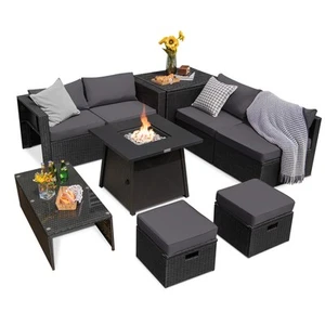 9PCS Patio Rattan Furniture Set Fire Pit Space-saving W/Cover Grey Cushion - Picture 1 of 10