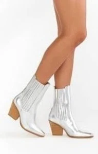 Forever 21 Stiefeletten Neu Metallic Silber Damen Booties Gr. 7 Blockabsatz Fau - Bild 1 von 13