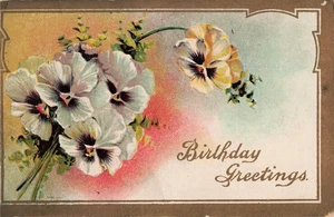 AK Happy Birthday Grußkarte Strauß Stiefmütterchen Blumen Floral Blüten - Bild 1 von 2