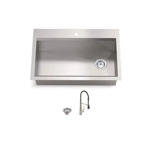 KOHLER Lassen 33 in. Drop-in Single Bowl Stainless Steel Kitchen Sink AND Faucet - Picture 1 of 13