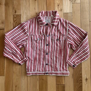 Vintage Armani Jeans Mens Red White Striped Trucker Jacket Size XS - Runs Big - Picture 1 of 11