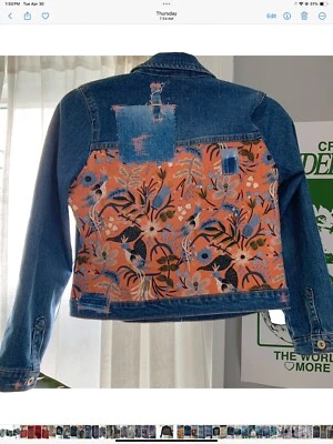 UPCYCLED GIRLS DENIM JEAN JACKET Size Large 14 Blue Orange Bird Floral Flowers - Image 1 of 4