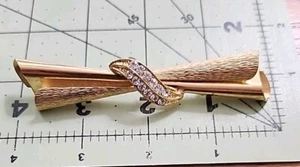 Gold Tone Stylish Elongated Bow Brooch w Rhinestones - Picture 1 of 7