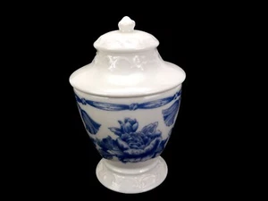 Martha Stewart Covered Porcelain Urn, Blue Delft Style Floral Artwork, Embossed - Picture 1 of 12
