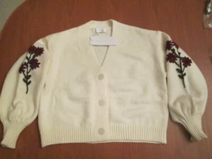 WHITE CLOSET cardigan cream, embroidered sleeves, V neck, L, BNWT - Picture 1 of 13