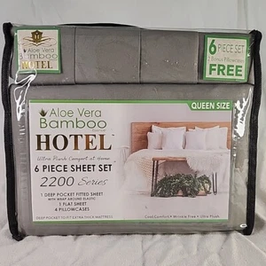 Bed Sheet Set Aloe Vera Bamboo Hotel Ultra Plush Queen Deep Pocket 6 Piece Gray - Picture 1 of 5