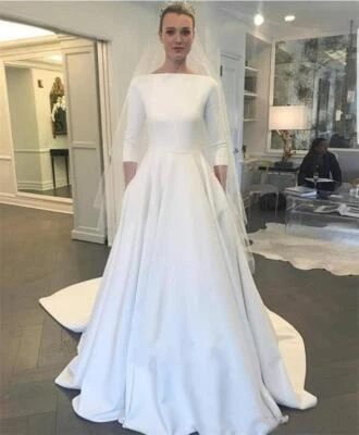 Elegantes Vestidos de Novia de Satén Mangas 3/4 Botón Trasero Línea A Vestidos de Novia Tren Foto 1 de 4