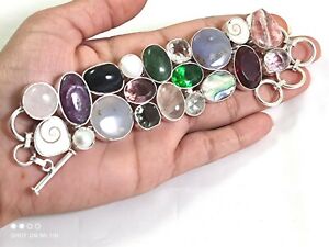 Abalone Shell Onyx Pink Opal Pearl Multi Gemstone Jewelry Silver Bracelet B-444