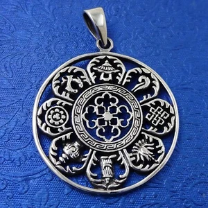 Sterling Silber glückverheißende 8 buddhistische Symbole Anhänger tibetisches Doppel Dorje - Bild 1 von 2