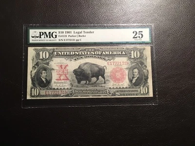 10.00 1901 Fr119 Buffalo Note Licitación Legal PMG 25 Muy Fino Reparación Menor Foto 1 de 2
