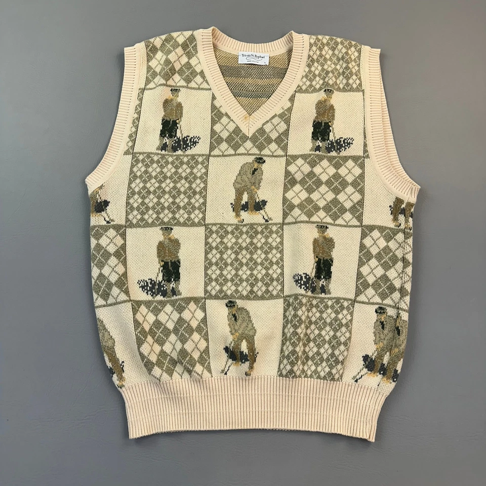 Chaleco Suéter Vintage Tricots St. Raphael Para Hombres Grande Estampado de Golf Argyle Hecho en Unión Foto 1 de 4