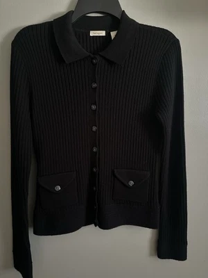 Halogen Black Ribbed Knit Sweater with Button Front and Pockets Wool Blend Sz M  - Image 1 of 4
