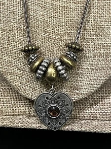 VINTAGE SILVER TONE & BRASS ORNATE HEART PENDANT 30.5” NECKLACE  - Picture 1 of 5