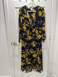 Cabi Maxi Netz Kleid senf und blau Herbst Blätter V-Ausschnitt Rüschen Ärmel Gr. M - Bild 1 von 11