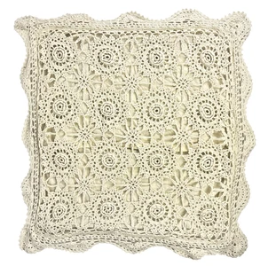 Funda de almohada de ganchillo vintage borde festoneado flor algodón marfil encaje cabaña 16" - Imagen 1 de 11