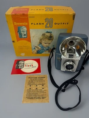 复古柯达 Brownie Flash 20 Outfit 相机蓝色组织 盒子 1959 可收藏 — 第 1/4 张图片