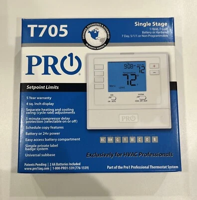 PRO1 T705 5/1/1 Day Digital Programmable Thermostat (1H/1C). NEW!! - Image 1 of 3