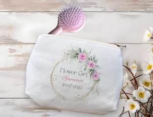 Personalisierter Blumenmädchen Blumenkranz Schminktasche, rosa Hochzeitsgeschenk - Bild 1 von 3