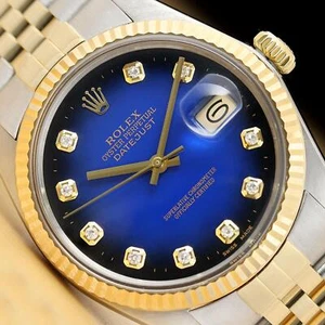 ROLEX MENS DATEJUST 16013 BLUE VIGNETTE DIAMOND DIAL 18K YELLOW GOLD STEEL WATCH - Picture 1 of 9
