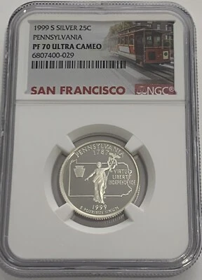 1999 S Proof Silver Pennsylvania Quarter NGC PF70 Ultra Cameo Statehood 25c - Image 1 of 3