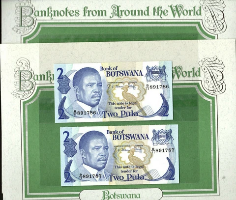 World Banknotes Botswana 2 Pula 1982 P-7b Prefix B/11 sign 4 UNC 2 consecutive # Cover