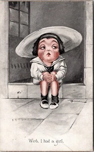WISH I HAD A GIRL Sad Boy Gilt Edge Postcard - Picture 1 of 2
