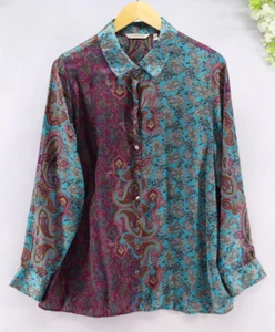 Soft Surroundings Women's Silk Long Sleeve Large Blue Red Paisley Artsy Boho - Picture 1 of 8
