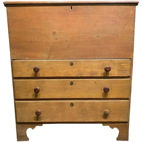 19th c New England Pine Three Drawer Blanket Chest with Lift Top Cover