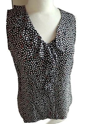 Halogen Small/S shell Blouse Top Office Career Black Dot Ruffle Flirty 100 Silk - Image 1 of 4