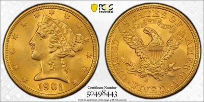 1901-S/S RPM FS-501  $5 Liberty Head Gold Coin PCGS MS 65 –Top Pop only 4 Higher - Image 1 of 3