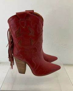 Dingo Red Leather Stacked Heel Fringe Western Boots 8.5M - Picture 1 of 8