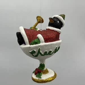 Penguin Santa Claus In Martini Glass Drinking Martini Christmas Ornament  - Picture 1 of 7