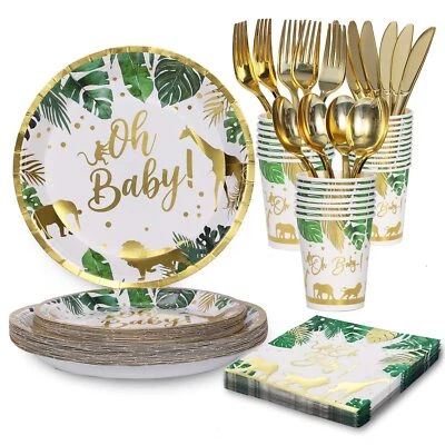 Safari Baby Shower Plates Cups Napkins And Cutlery 168 Pcs Oh Baby Paper Plates  - Image 1 of 4