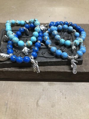 Juego de 4 Pulseras Cuentas de Piedra Natural, Tortuga Marina, Caballo de Mar, Dijes de Delfines Foto 1 de 4