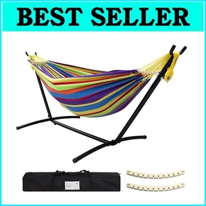 Tropical Double Hammock with Easy Assemble Steel Stand & Anti-Roll Balance Beams - Picture 1 of 8