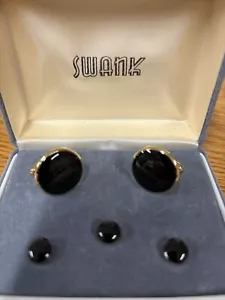 Vintage SWANK Round Goldtone Black Enamel Cufflinks & Button Stud Set in Box - Picture 1 of 4
